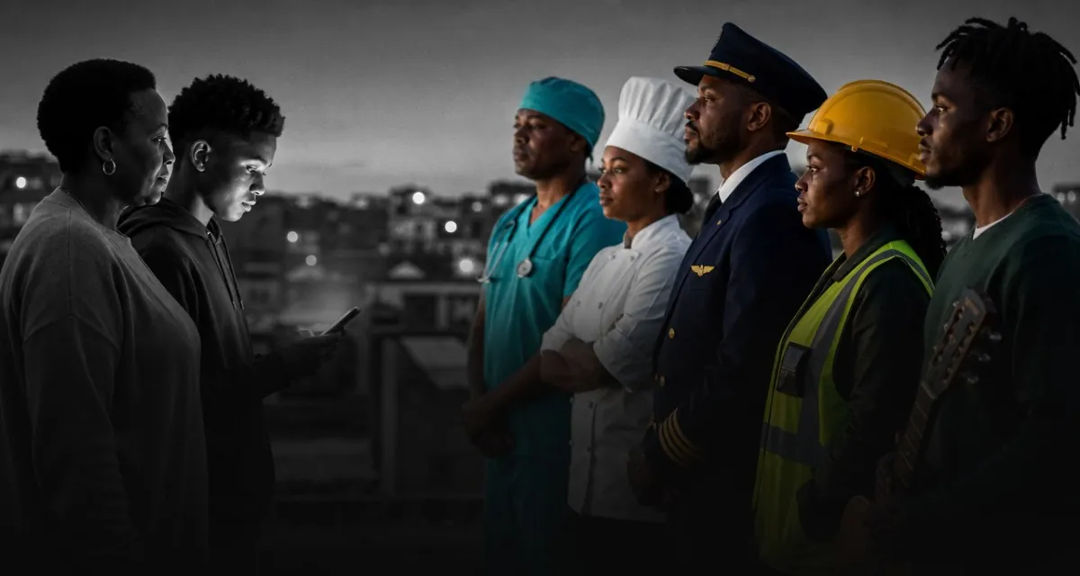 A learner on a phone beside a parent, facing a line of professionals: a nurse, a chef, a pilot, a site engineer and a musician