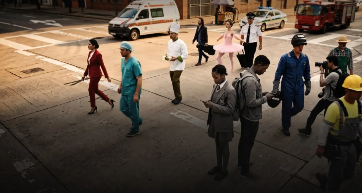 Two learners on their phones at a busy crossing as a surgeon, chef, ballerina, pilot, welder and photographer walk past