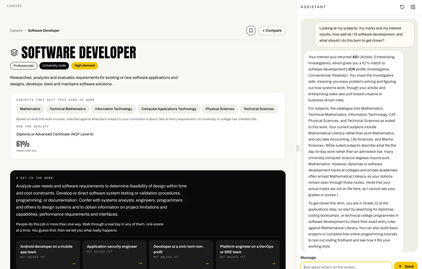Career Studio: the Software Developer career page, with the AI career guide explaining how a learner’s own interest results and subjects fit the career, and what to do this term
